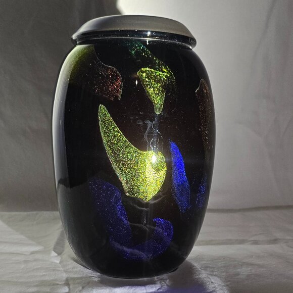 Signed 2001 Studio Hand Blown Art Glass Vase Amber Multi Metallic Flake 9"H - Picture 4 of 8